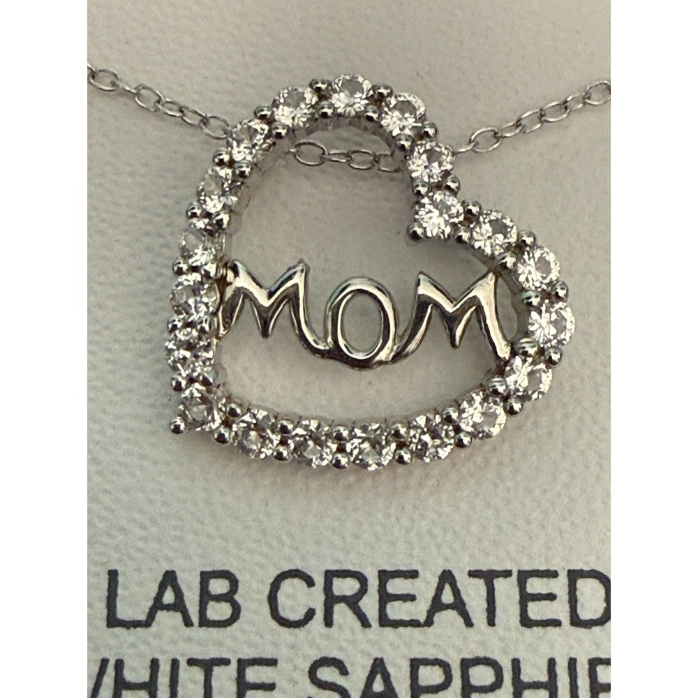 White Sapphire MOM Heart Pendant Necklace 925 Sterling Silver 18" NWT In Box